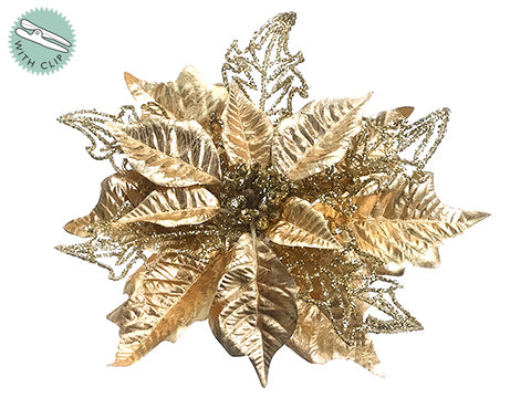 9.5" Glittered Metallic Poinsettia With Clip Gold (pack of 24)