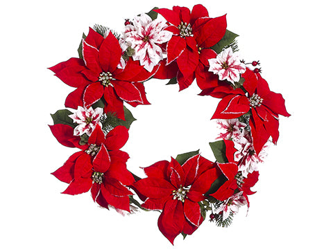 22" Snowed Edge Poinsettia/Pine/ Berry Wreath Red White (pack of 2)