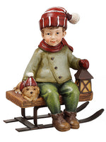 5" Holiday Boy Sitting on Sleigh Green Red (pack of 2)