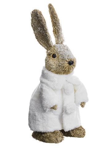 15" Snowed Bunny With Fur Coat Brown White (pack of 2)