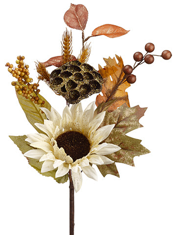 18" Glittered Sunflower/ Wheat/ Berries Pick Cream Gold (pack of 6)